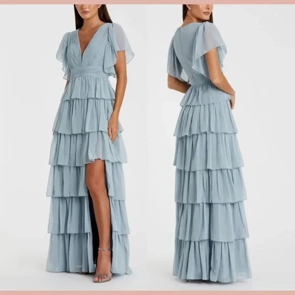 NWT MAC DUGGAL 49595 Blue Flutter Sleeve Ruffle Tiered Gown Light Blue 14 - $398 - Picture 2 of 7